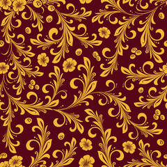 Hohloma in red and gold colors seamless pattern . Russian traditional decoration design.