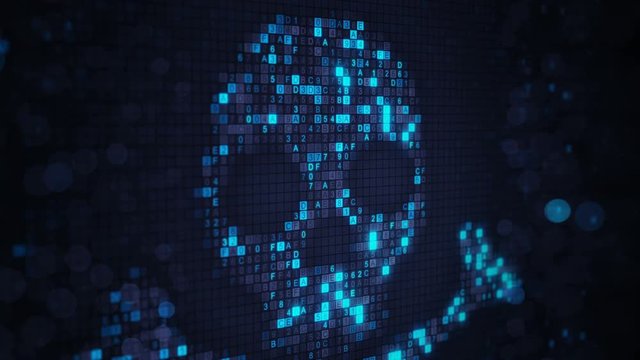 Blue skull shape of digital hex code on monitor and bokeh. Hacking and cyber piracy concept. Seamless loop animation rendered with DOF 4k (4096x2304)
