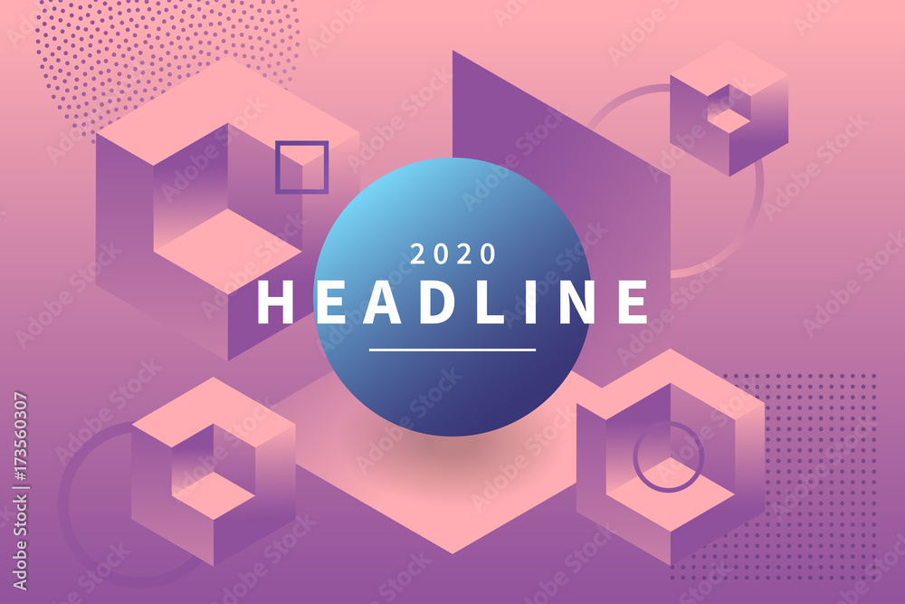 Aufkleber Abstract holographic background with 3d geometric shapes. Levitating geometric figures composition. Trendy banner with copy space frame. Applicable for party invitation, conference invite.