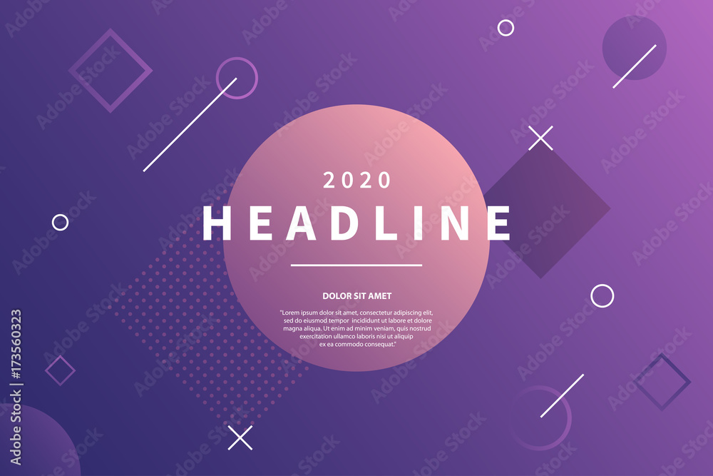 Poster Abstract memphis style purple background with dynamic geometric shapes. Trendy banner with copy space frame. Applicable for presentation, party invitation, brochure. Vector eps 10.