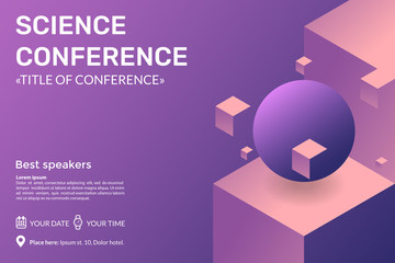 Abstract holographic 3dbackground with levitating geometric shapes. Science conference invitation concept. Advertising of scientific seminar. Vector eps 10.