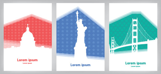 Set of cards with landmarks USA on colorful background. American traditional, banners, poster with space for text.