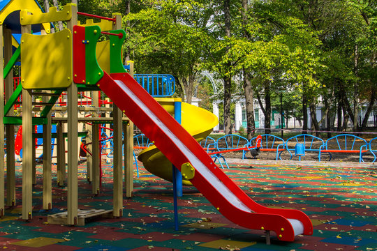 Colorful playground equipment for children in public park