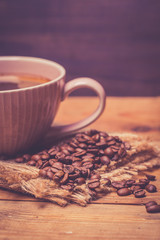 Morning Coffee, Black Coffee And Roasted Coffee Beans On wooden Table