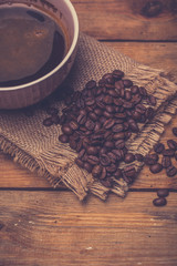 Morning Coffee, Black Coffee And Roasted Coffee Beans On wooden Table