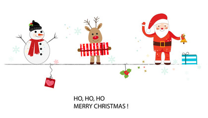 Santa claus, deer, snowman.Happy new year and merry christmas greeting card
