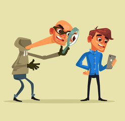 Thief character steals personal data. Fishing concept. Vector flat cartoon illustration