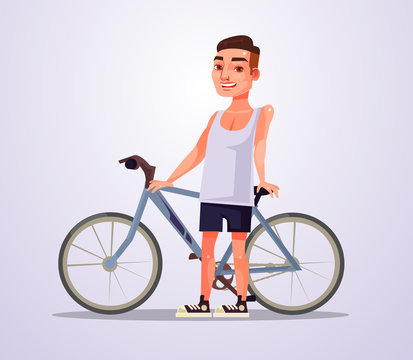 Happy smiling cyclist man character. Vector flat cartoon illustration
