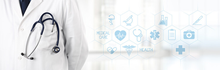 doctor with stethoscope in pocket and medical symbols icons in the background