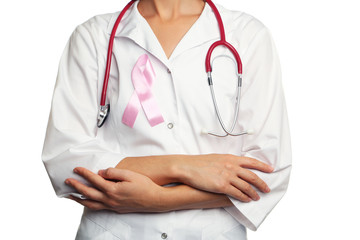 Doctor with pink ribbon and stethoscope