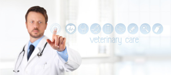 Veterinary doctor touch screen vet symbols icons on background. Vet clinic care concept