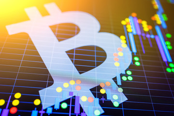 Data analyzing in exchange stock market: the candle chars on display. Analytics price change cryptocurrency BTC to USD (Bitcoin / US Dollar), the most popular pair in the world. Big Bitcoin logo.
