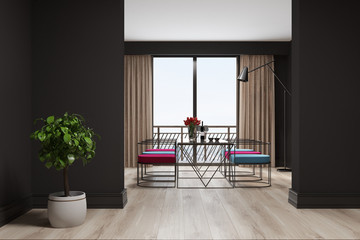 Black dining room interior, blue, red chairs