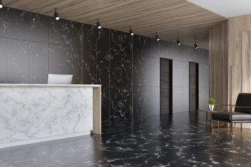 Black marble and wooden elevator hall, reception © ImageFlow
