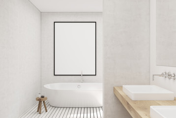 White bathroom, white tub, poster