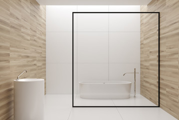 White and wooden bathroom, white tub and sink