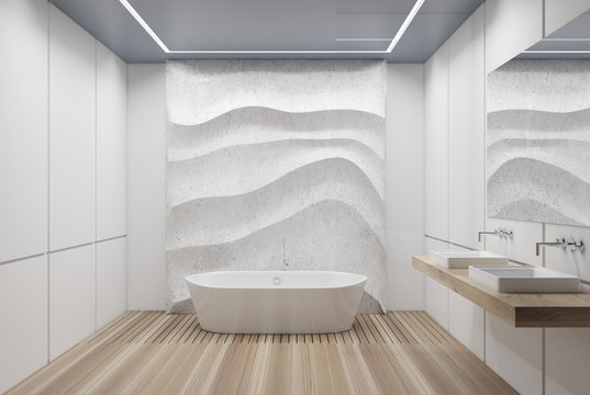 White tiled bathroom, tub and sink