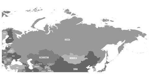 Political map of Russia and surrounding European and Asian countries. Four shades of grey map with white labels on white background. Vector illustration.