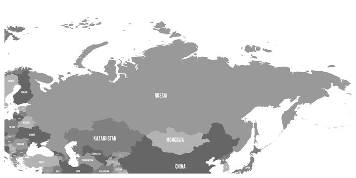 Political map of Russia and surrounding European and Asian countries. Four shades of grey map with white labels on white background. Vector illustration.