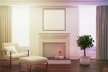 White living room, white armchair, fireplace toned