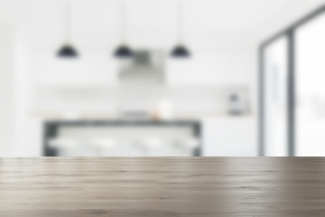 White kitchen with a countertop, blurred