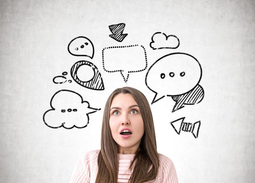 Astonished woman in pink, speech bubbles