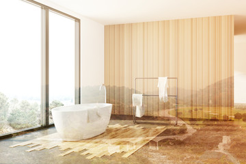 White and wooden bathroom, white tub, loft toned