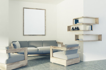 White living room, sofa, poster