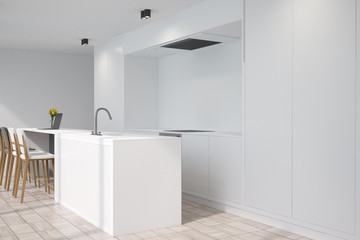 White kitchen with a bar, side view