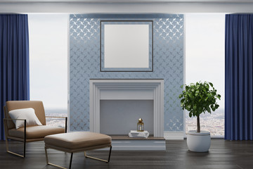 Gray living room, beige armchair, fireplace