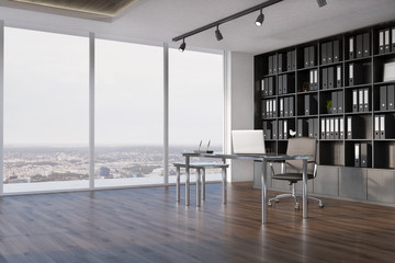 CEO office interior, bookcase side view