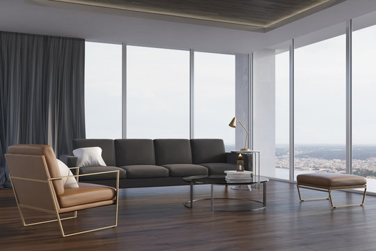 Loft living room, gray sofa and armchair, side