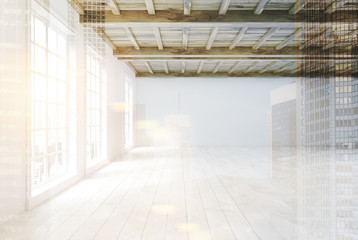 Empty room with large windows, side view double