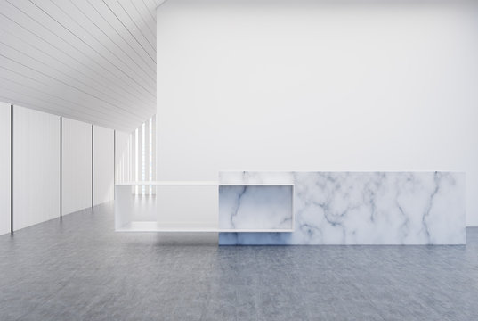 White and wooden wall office, marble reception