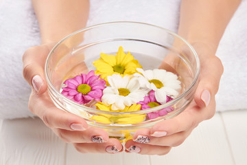 Bowl with chrysanthemums in female hands. Water and aroma therapy for female hands. Beauty salon and spa.