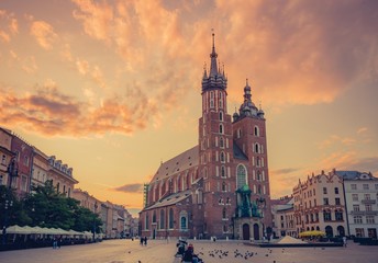 St Mary's church on Main Market Square in Krakow, colorful morning