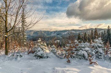 Beautiful winter countryside in Czech Republic with blue sky, Beautiful winter countryside in Czech Republic with cloudy blue sky, mountains view, Beskydy