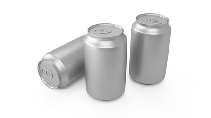 3d rendering of three aluminum cans over white background