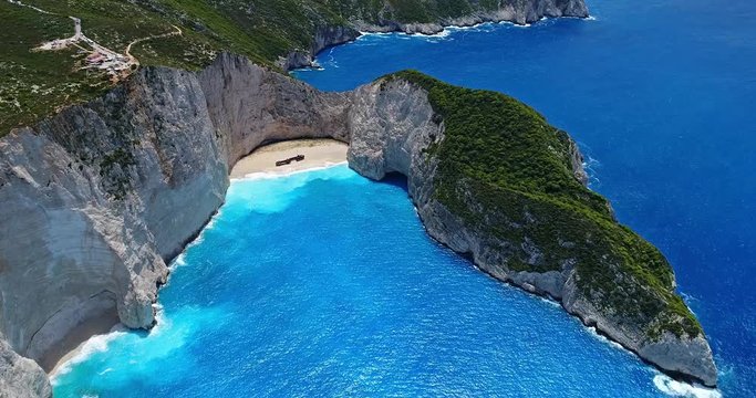 Aerial view of Navagio (Shipwreck) Beach in Zakynthos island, Greece.