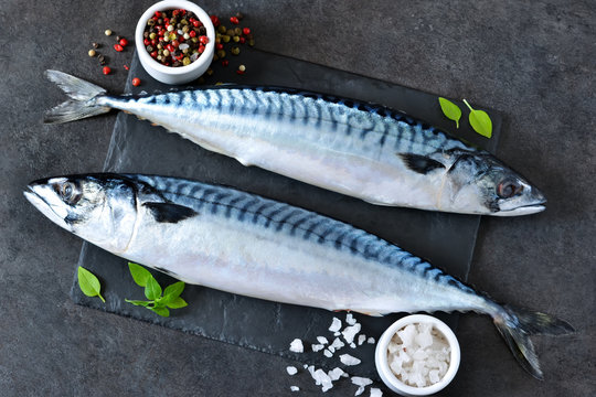 Fresh, raw mackerel with spices on a black concrete background