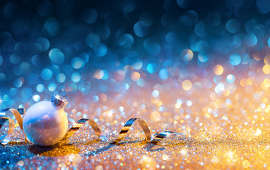 Christmas Ornaments On Glitter - Bokeh Golden Blue With ball And Streamer