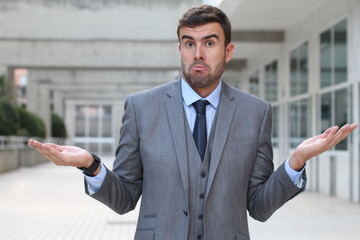 Mendacious businessman expression misunderstanding and confusion 