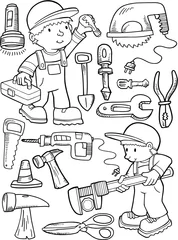 Wall murals Cartoon draw Construction Workers and Tools Vector Illustration Art Set