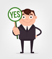 Happy smiling businessman office worker man character hold yes sign and strike. Vector flat cartoon illustration