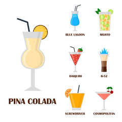 Alcohol drinks beverages cocktail lager container drunk different glasses vector illustration.