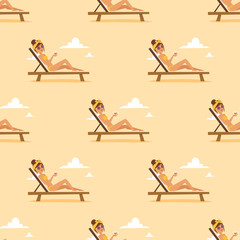 Woman on beach outdoors, summer lifestyle seamless pattern fun vacation happy time cartoon characters vector illustration.