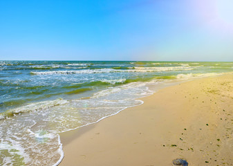 view from a sandy beach on the Black Sea in the summer, Ukraine