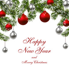 New Year. Green fir branches with red faceted and silver balls. Christmas greeting card. On a white background. illustration