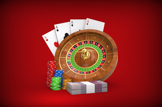Roulette concept. Cards, dices, money, coins. 3D rendering.