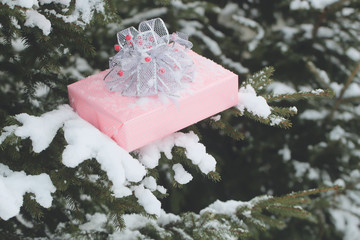 Gift box of pink paper and bow with red berries